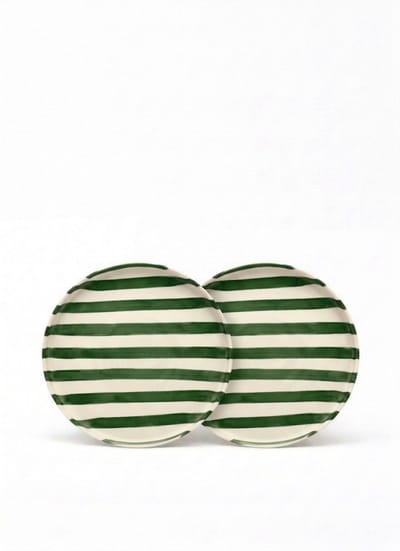vtwonen - Borden - Lunchbord - Strepen - Groen - Set van 2 - Keramiek - 20cm