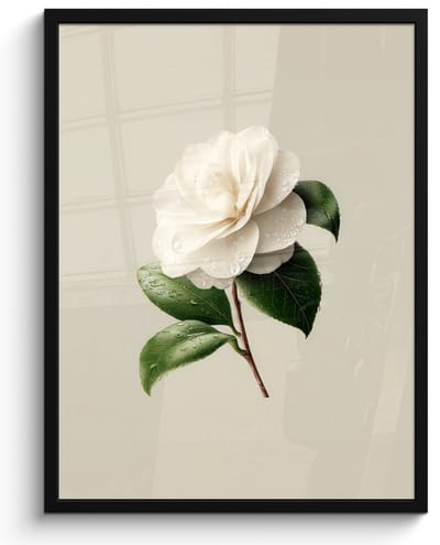 Poster in lijst - Fotolijst 60x80 cm - Posters - Cameliabloem - Wit - Groen - Posterlijst zwart - Decoratie - Wanddecoratie woonkamer - Muurdecoratie slaapkamer