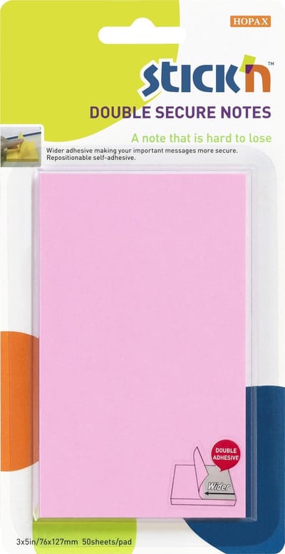 Stick'n sticky notes - extra brede lijmlaag, 76x127mm, roze, 50 memoblaadjes