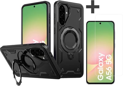 Hoesje Geschikt voor Samsung Galaxy A56 met gehard glas Screenprotector - Armor hoes met Ringhouder - Arara backcover - Zwart