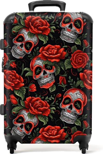 NoBoringSuitcases.com - Grote koffer - Doodskop - Rozen - Rood - Bloemen - Botanisch - Skull - Schedel - Reiskoffer met 4 wielen - Trolley op wieltjes - Rolkoffer groot - 72 liter - Ruimbagage valies 20kg - Valiezen voor volwassenen