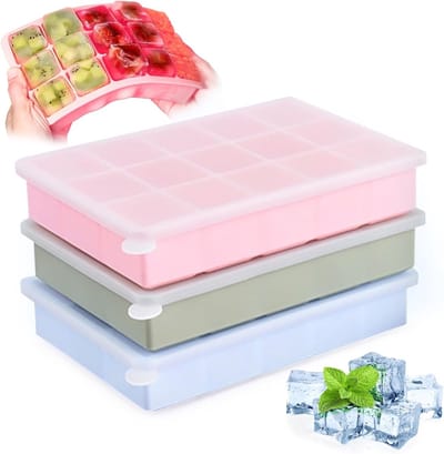 Siliconen IJsvorm Set - 3 Delige IJsblokjeshouder met Deksel - 15 Grote Vakken per Vorm - BPA-vrij - Stapelbaar - Voor Water, Whisky, Cocktails & Fruit - Blauw/Groen/Roze