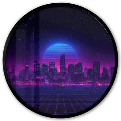 Poster in lijst Rond - Fotolijst 40x40 cm - Posters - Skyline - Zon - Neon - Rasterpatroon - Ronde posterlijst zwart - Decoratie - Wanddecoratie woonkamer - Muurdecoratie slaapkamer