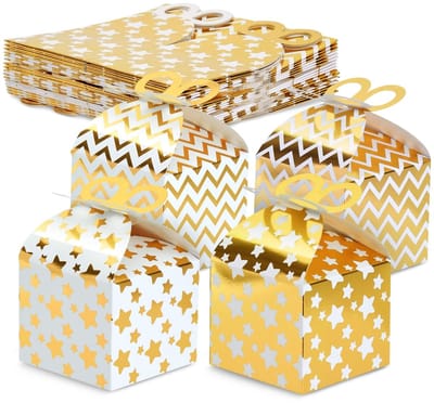 Dailygoody - Kartonnen Dozen Verjaardagsfeestje - Feestelijke Verpakking - Licht Goud - Voor Lekkernijen - 36 Dozen - 4 Ontwerpen