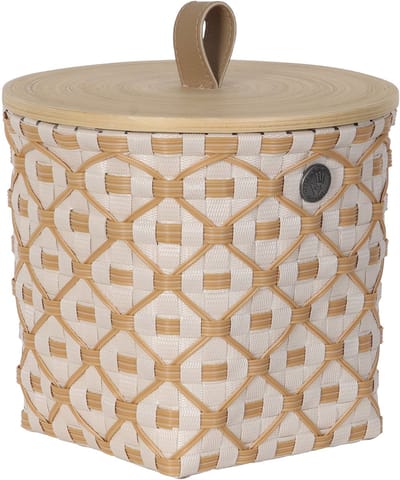 Handed By - Opbergmand met bamboe deksel - Opberger - Klein - Mand - Woonkamer - Kinderkamer - Badkamer - Decoratief - Ivy & Rose small - champagne met ecru patroon