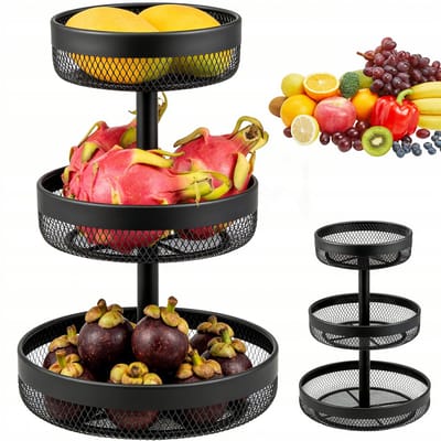 Etage Fruitmand - Dienblad Stapelbaar - Keuken Organisatie - Drie Niveaus - Diameter 30cm - Zwart