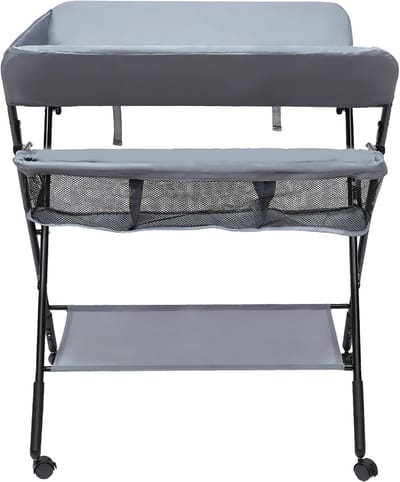 Babycommode - Commodekast - Verzorgingstafel - Voor 0-1 Jaar Baby’s - Verstelbare Hoogte en Opvouwbaar - Met Wielen en Opbergruimte - 25 kg Capaciteit - 80x63x96 cm - Grijs