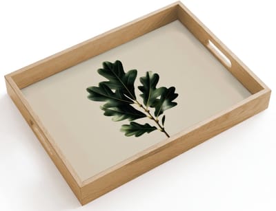 Dienblad hout 40x30 cm - Schootdienblad - Eikenbladeren - Beige - Groen - Golvende randen - Borrelplank rechthoek - Plateau dienbladen