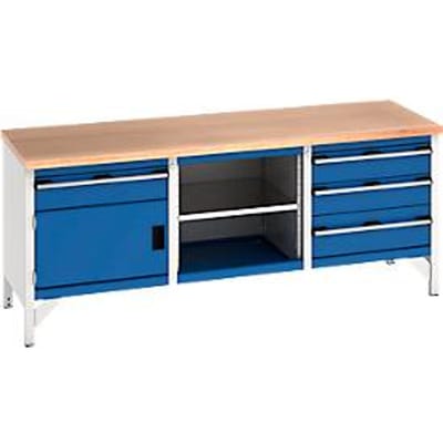 Bott cubio box-type werkbank met 4 laden, beuken multiplex blad, B 2000 x D 750 x H 840 mm, gentiaanblauw RAL 5010/lichtgrijs RAL 7035