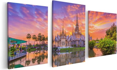 Artaza Canvas Schilderij Drieluik Wat Non Kum Tempel in Thailand - 120x60 - Foto Op Canvas - Canvas Print