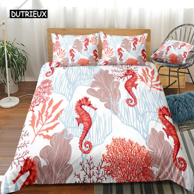 Zeepaardje Beddengoedset Oceaan Dier Dekbedovertrek Onderwaterwereld Oranje Koraal Marien Leven Zee-egel Zacht Vrouwen Kind Slaapkamerdecor AU Single(140x210cm)