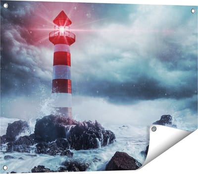 Gards Tuinposter Vuurtoren tijdens een Storm - 80x60 cm - Tuindoek - Tuindecoratie - Wanddecoratie buiten - Tuinschilderij