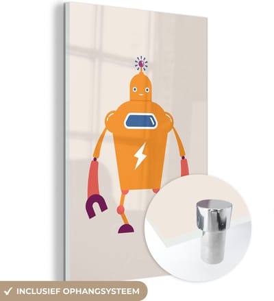 MuchoWow® Glasschilderij 120x180 cm - Schilderij acrylglas - Robot - Antenne - Oranje - Bliksemschicht - Jongen - Kids - Foto op glas - Schilderijen