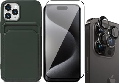 Hoesje Pasjeshouder geschikt voor iPhone 15 Pro - Screenprotector FullGuard + Camera Lens Screen Protector Zwart - Siliconen Case Back Cover Groen