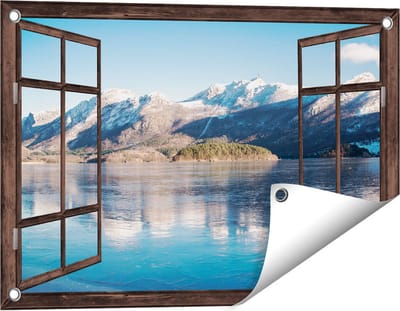 Gards Tuinposter Doorkijk Meer bij het Bergen Landschap in Noorwegen - 60x40 cm - Tuindoek - Tuindecoratie - Wanddecoratie buiten - Tuinschilderij