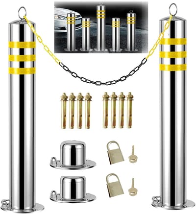 Parkeerpaal Set - Parkeerbeugel Paaltjes - Parkeerplaats Beveiligen - Inclusief Slot Ketting - 2 Stuks - Zilver