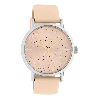 OOZOO Timepieces - Zilverkleurige horloge met zacht roze leren band - C10410
