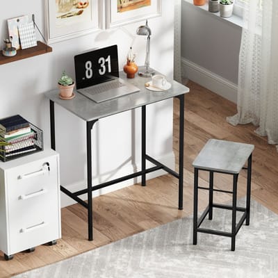 MODFU - Bartafelset - Met 2 Barkrukken - Houtlook - Industriële Stijl - Voor Keuken - Staal - Grijs - 80 X 50 X 87 Cm