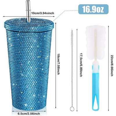 500ml Diamant Thermosflessen Beker met Rietje en Deksel Strass Roestvrij Staal Dubbellaagse Thermosbekers Glitters Beker Waterfles 500ml