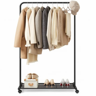 BOTC Kledingrek op wielen - Kleding hangen - 25,4 mm Metaal - met dichtmazig opbergrek - Draagvermogen 50kg - 2 remmen - Zwart