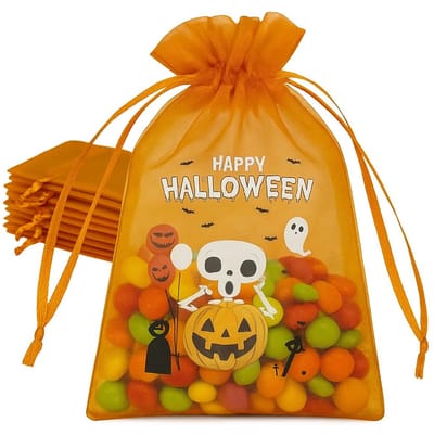 20x Halloween Organza Zakjes Met Print - Organza Met Opdruk - 10x15cm - Feestzakjes - Snoepzakjes - Cadeauzakjes - Uitdeelzakjes - Sieradenzakjes - Spooky Halloween - 10x15 cm - Oranje - 20 Stuks