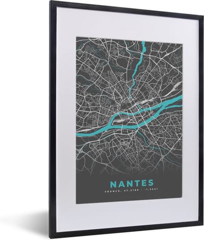 Fotolijst incl. Poster - Nantes - Frankrijk - Kaart - Stadskaart - Plattegrond - 30x40 cm - Posterlijst