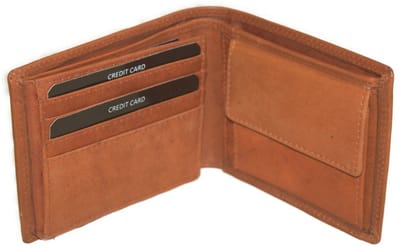 Oi retro oranje- cognackleurige leren herenportemonnee klein / laag model billfold met klep naar links / compacte herenbeurs voor 9 pasjes / RFID SAFE / retro camel kleurig leer / 564Orange NR