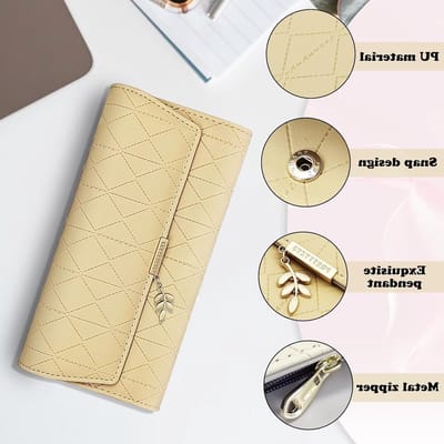 Grote Damesportemonnee met Bladmotief, PU Leren Drievoudige Clutch met Diamantpatroon, Ideaal voor 9 Kaarten en Identiteitskaart, Geel, Modern en Stijlvol