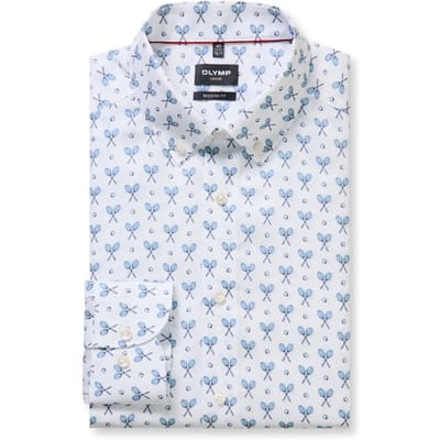 OLYMP Luxor modern fit overhemd - dobby - wit met blauw dessin - Strijkvrij - Boordmaat: 39 (EU maat: M)