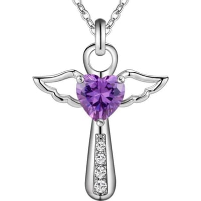 Echte 925 Sterling Zilver Jezus Kruis Ketting Fijne Sieraden Dubbele Engelenvleugels Hart Zirkonia Hanger Ketting Vakantie Uitverkoop 45cm paars