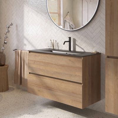 Saqu Terra badmeubel incl. mat witte keramische wastafel 100x46x66cm denver eiken