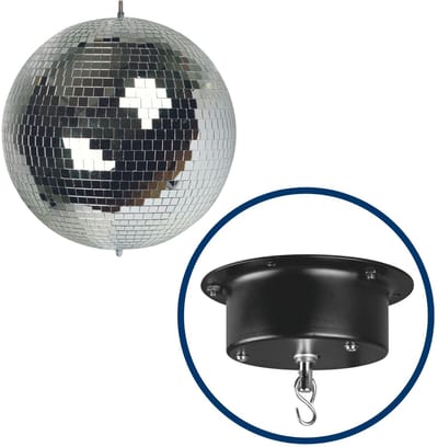 HQ-Power Set met discobal Ø 10 cm + 4W motor, roterende spiegelbol, 6l van reflecterend facetglas, 1.8-2.5 tpm, 5 kg draagvermogen, veilig ophangsysteem voor plafondmontage, dansvloer accessoire voor disco feesten, party decoratie & lichteffecten