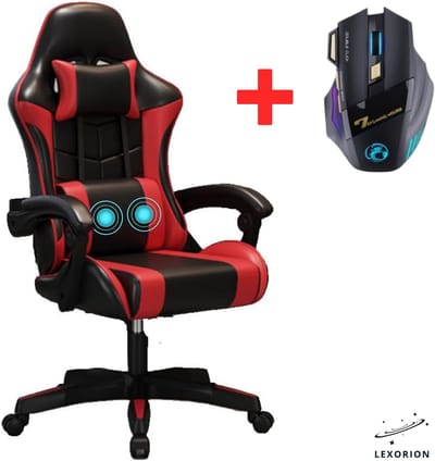 Lexorion Gaming Stoel – Ergonomische Gaming Chair – Inclusief RGB Gamingmuis – Verstelbaar – Lederen Gamestoel – 136 kg – Rood– Bureaustoel