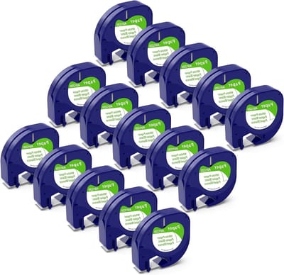 15x 12mm x 4m Label Tape voor Letratag - Zwart op Wit, Geschikt voor LT-100H, LT-100T, Plus 200B, XR, XM, Perfect voor Organisatie en Labeling