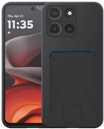 Geschikt voor Motorola Moto G15 Telefoonhoesje met Verstelbare Leren Pasjeshouder - Flexible Back Cover Case Siliconen TPU with Adjustable Leather Cardslot - Zwart - Smartphonica geschikt voor Motorola Moto G15