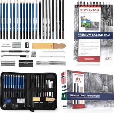 STARKSØN Professioneel 41-Delige Potloden Tekenset incl. Tekenpotloden, Schetspotloden, Schetsboek & Accessoires - Tekenen met Houtskool & Grafiet