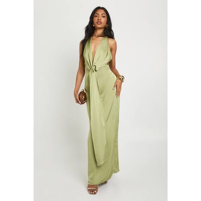 boohoo Dames Satijn halternek maxi jurk met diepe V-hals en gedrapeerd detail | Olive | Maat: 14