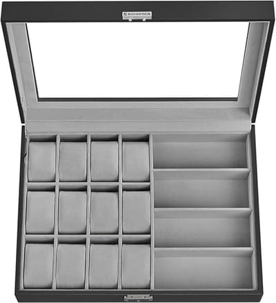 Famanu - Horlogebox, afsluitbare horlogebox, horlogekast, horlogeorganizer, met 16 vakken, glazen deksel, cadeau voor dierbaren, PU-hoes in inktzwart, fluwelen voering in duifgrijs