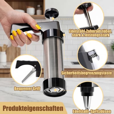 Dailygoods- Bakpers roestvrij staal - Koekjespers met 16 sjablonen - 8 spuitmonden - Spuitzak - Borstel - Ergonomische handgreep