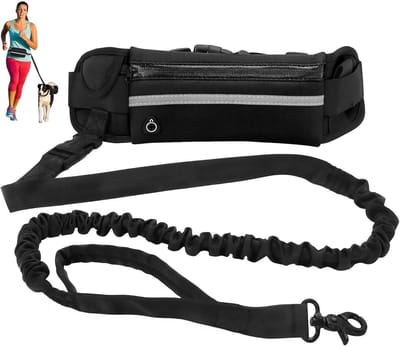 Handsfree hondenriem, handsfree hondenriem met intrekbare elastiek, 160-220 cm, verstelbare heupriem, zak voor mobiele telefoon, reflecterende stiksels voor wandelen, joggen