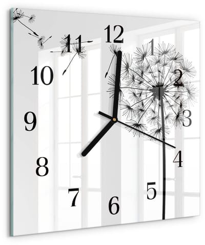 Tulup Wandklok - Paardebloem Moderne Wandklok Glas - 30x30 cm - Zwart-wit Wandklok Glas Decoratie - Zwarte Handen - Vierkante Wandklok - Gekleurde Glazen Klok - Glazen Klok Met Print