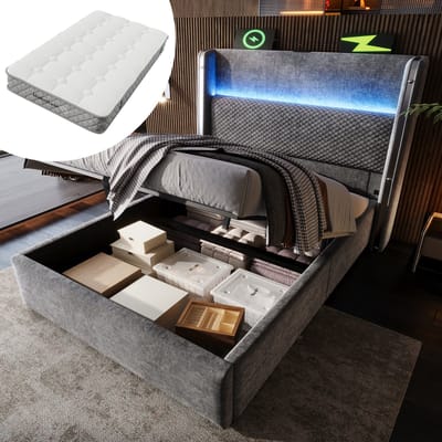 Gutent-Gestoffeerd bed 90x200cm-eenpersoonsbed met LED-verlichting-opbergruimte en USB/Type-C-aansluitingen-linnen-grijs-met matras