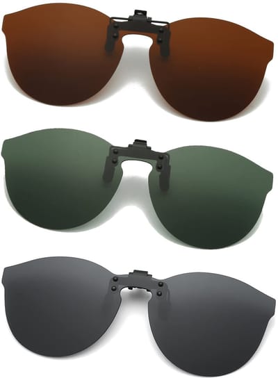 Keeper 3 paar clip-on zonnebrillen - gepolariseerde clip-on zonnebril over bril voor dames en heren, openklapbare zonnebril, ronde gespiegelde clip-on tinten UV400