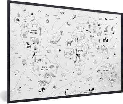 Wereldkaart - Kinderen - Wit - Zwart - Schoolplaat - Kinderkamer - 90x60 cm