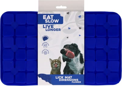 Eat Slow Live Longer Likmat Bloemenpatroon – 21 x 34 cm - Snuffelmat - Anti-schrok Mat - Slowfeeder Honden en Katten - 100% Siliconen - Vaatwasserbestendig - Voerpuzzel Kat - Blauw