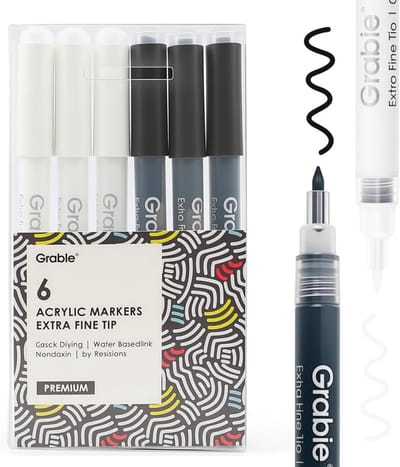 Set van 6 Extra Fijne Acryl Verf Markers voor Highlights - 0,7 mm Zwart en Wit