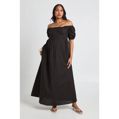 boohoo Dames Zwangerschaps Linnen Pofmouw Gesmockte Maxi Jurk | Zwart | Maat: 36