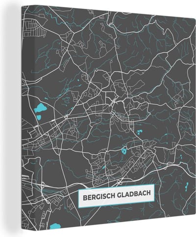 Canvas Schilderij Bergisch Gladbach – Stadskaart – Blauw – Plattegrond – Stadskaart – Kaart - Duitsland - 20x20 cm - Wanddecoratie