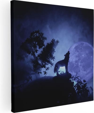 Artaza Canvas Schilderij Wolf Bij Volle Maan - 30x30 cm - Klein - Muurdecoratie Dieren - Wanddecoratie Nacht - Schilderijen Op Canvas
