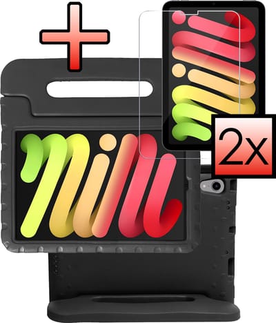 Hoes - Geschikt voor Apple iPad Mini 7 (2024) - 8.3 inch - 7e Generatie - Met 2x Screenprotector - Kinderhoes Shockproof Bumper - Kidsproof Case - Tablet Hoesje - Kinder Cover - Zwart
